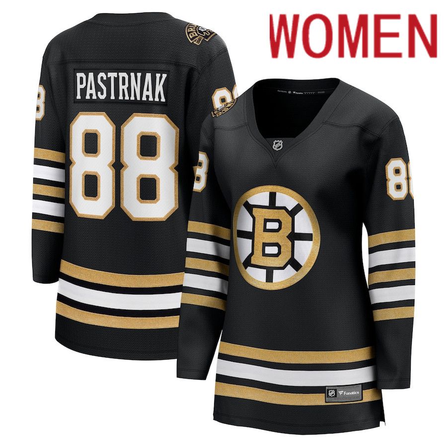 Women Boston Bruins 88 David Pastrnak Fanatics Branded Black 100th Anniversary Premier Breakaway Player NHL Jersey
